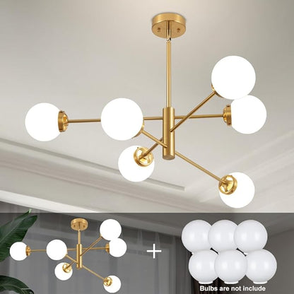 Sputnik Chandelier, Gold Modern Chandeliers, Mid Century Ceiling Lighting Fixture 6-Lights with Milk White Glass Shade for Living Room, Kitchen, Bedroom, Dining Room, and Farmhouse