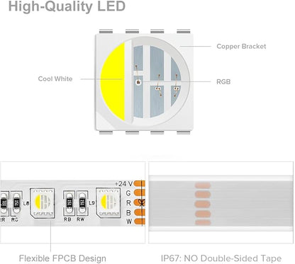 BTF-LIGHTING 5050 RGBW RGB+Cool White(6000K-7000K) 4 Colors in 1 LED Tape Light DC24V 5m 16.4ft 60LED/m Multi-Colored IP67 White 14mm PCB for Bedroom Kitchen Home Decoration(No Adapter or Controller)
