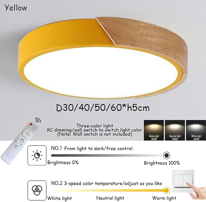 LED Ceiling Light Fixture,10 Inch Modern Wood Recessed Ceiling Lights,Dimmable Light,Yellow 12W Close to Lighting Flush Mount Living Room Bedroom,3000K-6000K