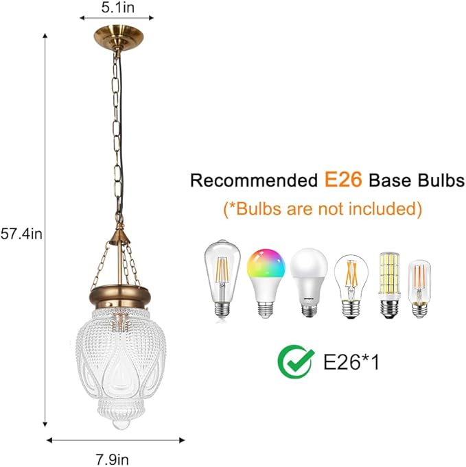 Vintage Brushed Gold Pendant Light with 7.9in Clear Heavy Thick Glass, Farmhouse Bronze Pendant Lights Kitchen Island, Vintage Looking Hall Pendant Light Fixture for Hallway, Bathroom, Bedroom