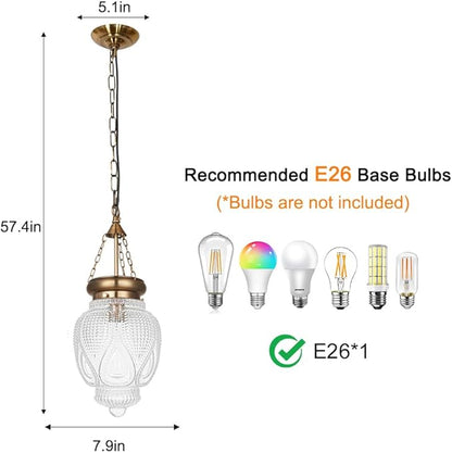 Vintage Brushed Gold Pendant Light with 7.9in Clear Heavy Thick Glass, Farmhouse Bronze Pendant Lights Kitchen Island, Vintage Looking Hall Pendant Light Fixture for Hallway, Bathroom, Bedroom
