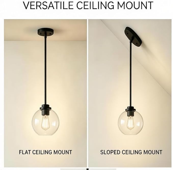 Pendant Light – 7 Inch Modern Hanging Fixture with Clear Glass Globe & Matte Black Finish, Adjustable Iron Rods & Sloped Ceiling Compatible for Kitchen Island Dining Room Bedroom Hallway, 2 Pack