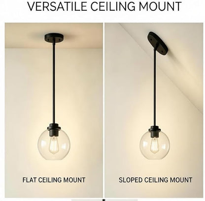 Pendant Light – 7 Inch Modern Hanging Fixture with Clear Glass Globe & Matte Black Finish, Adjustable Iron Rods & Sloped Ceiling Compatible for Kitchen Island Dining Room Bedroom Hallway, 2 Pack