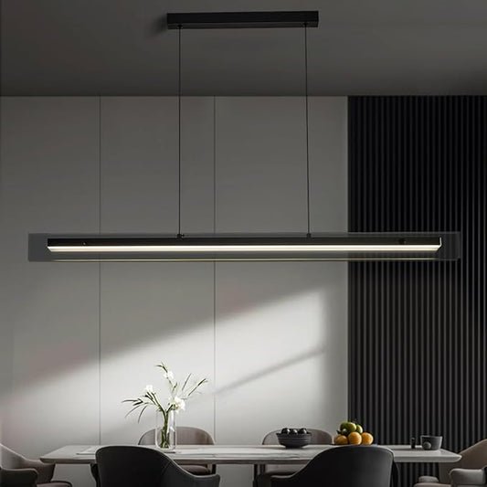 Glass Modern Black Linear Pendant Light - LED Hanging Kitchen Island Lights, Adjustable Dimmable Ceiling Fixtures, Minimalist Chandelier for Dining Room, Bar (63")