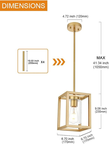 1-Light Rustic Chandelier in Gold Finish Modern Industrial Pendant Lighting Fixture with Clear Glass Shade Hanging Ceiling Light for Dining Room