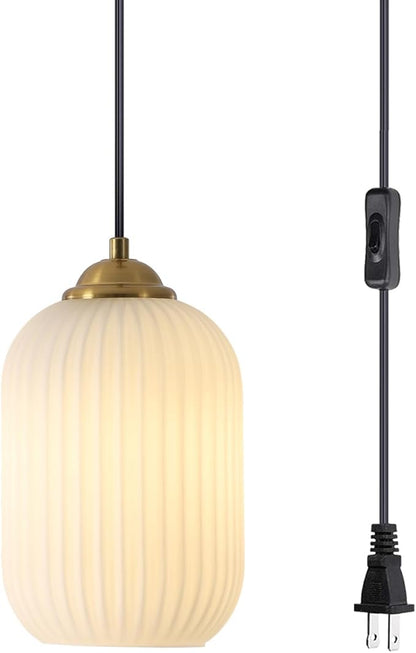 Glass Cylinder Pendant Light Antique Brass Plug in Hanging Light Fixture Vintage Gold Milk Glass Pendant Light Mid Century Modern Plug in Hanging Light