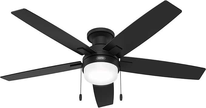 Hunter Ceiling Fan with LED Light - Black Ceiling Fan with Pull Chain, For Bedroom or Living Room, Standard Mount, No Remote, 5 Blades, Includes Bulbs - Anisten (Matte Black, 52 Inch)