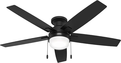 Hunter Ceiling Fan with LED Light - Black Ceiling Fan with Pull Chain, For Bedroom or Living Room, Standard Mount, No Remote, 5 Blades, Includes Bulbs - Anisten (Matte Black, 52 Inch)