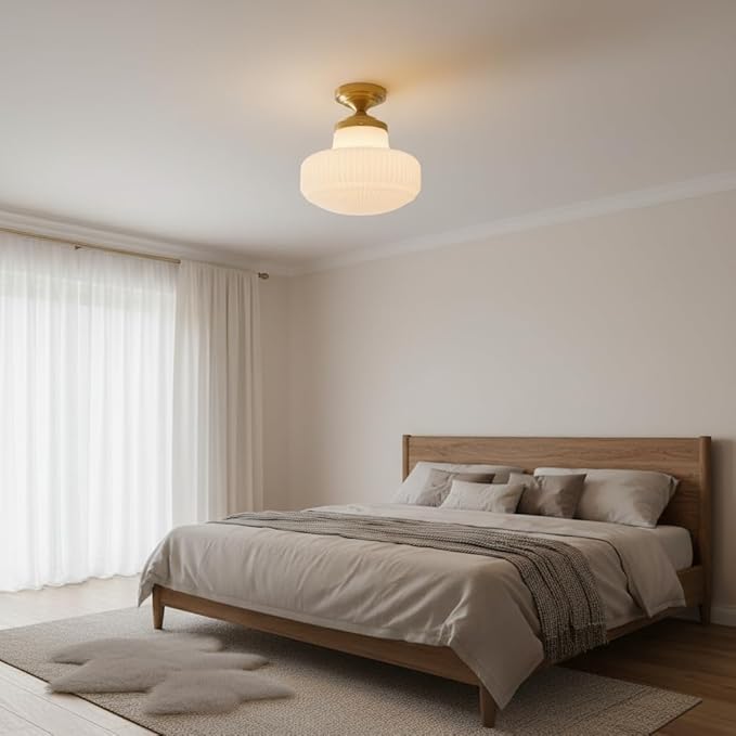 White Glass Semi Flush Mount Ceiling Light, Mid Century Modern Gold Ceiling Lamp Farmhouse Close to Ceiling Light Fixture for Bedroom Kitchen Entryway Hallway
