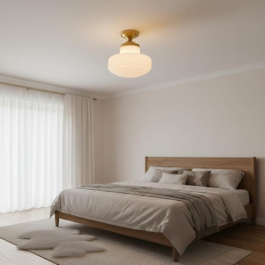White Glass Semi Flush Mount Ceiling Light, Mid Century Modern Gold Ceiling Lamp Farmhouse Close to Ceiling Light Fixture for Bedroom Kitchen Entryway Hallway