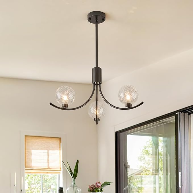 3-Head Black Modern Chandelier with 3 Clear Glass Globe Bulbs, Chandelier, Elegant Lamps with Black Accents, Ceiling Light for Living Room Kitchen Island Bedroom Entryway