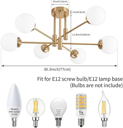 Biewalk Gold Sputnik Chandelier, Modern Globe Chandelier Light Fixture with Glass Globe Shade, Mid Century Ceiling Light 6-Light for Living Room Dining Room