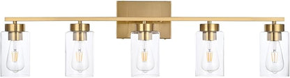 5 Light Bathroom Vanity Light Fixtures, Brushed Brass Modern Wall Lights with Clear Glass Shade, Vintage Wall Sconce Lighting for Living Room, Mirror, Bedroom, Hallway (Gold, 5-Lights)