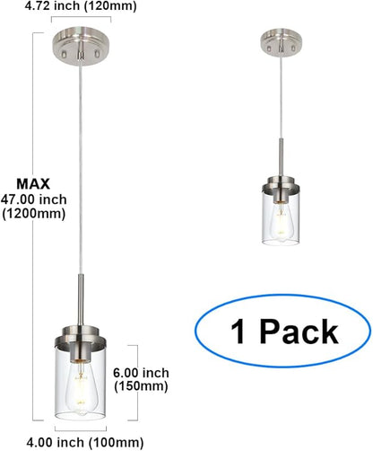 MELUCEE 1-Light Small Glass Pendant Lights Brushed Nickel, Adjustable Hanging Lamp Ceiling for Dining Room Kitchen Island, Mini Chandelier with Clear Glass Shade