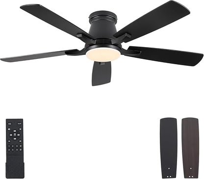 Surtime 52" Ceiling Fans with Lights-Low Profile Ceiling Fan with Light and Remote/APP Control,Flush Mount,DC Reversible,LED Dimmable Black Ceiling Fans for Bedroom,Indoor/Outdoor Patio Use