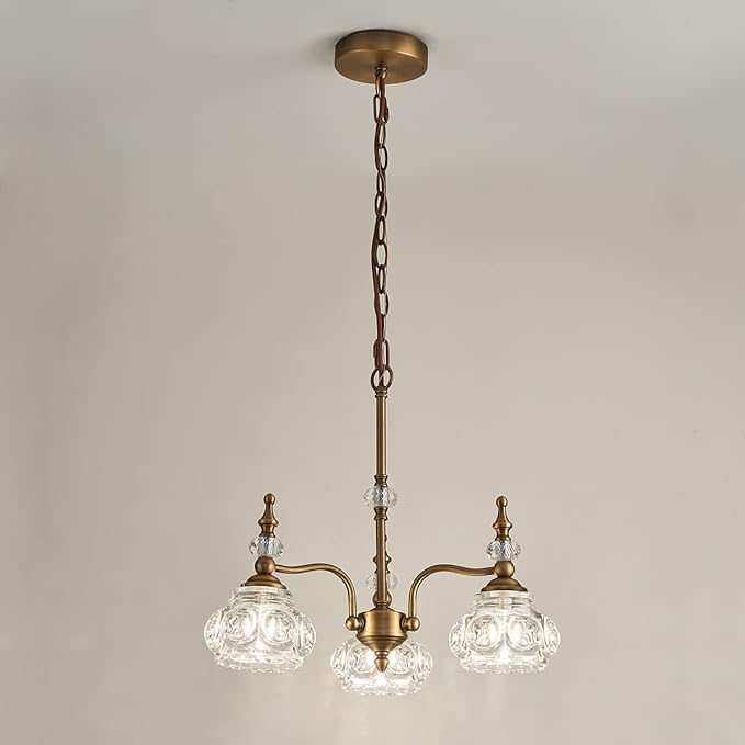 Vintage Pendant Light Fixture, Modern 3 Lights Brass Glass Pendant Lighting Matte Brushed Antique Chandelier Brass Finish with Crystal Glass Shade Vintage Chandeliers for Kitchen Island