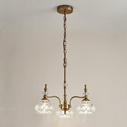 Vintage Pendant Light Fixture, Modern 3 Lights Brass Glass Pendant Lighting Matte Brushed Antique Chandelier Brass Finish with Crystal Glass Shade Vintage Chandeliers for Kitchen Island