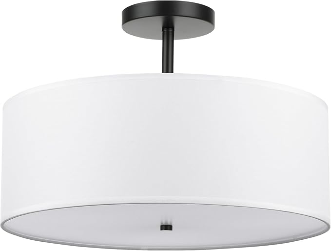 FRIDEKO HOME 3-Light Semi Flush Mount Ceiling Light, 15.74" Black Drum Light Modern with White Fabric Shade Lamps for Bedroom Living Room Kitchen Hallway Entryway Foyer