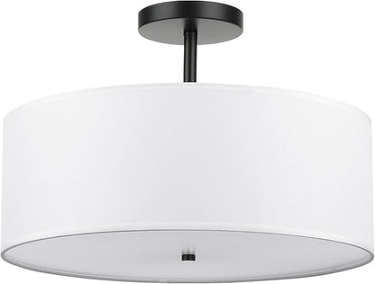 FRIDEKO HOME 3-Light Semi Flush Mount Ceiling Light, 15.74" Black Drum Light Modern with White Fabric Shade Lamps for Bedroom Living Room Kitchen Hallway Entryway Foyer