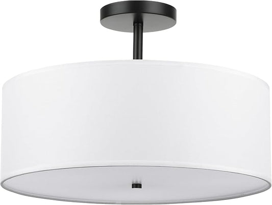 FRIDEKO HOME 3-Light Semi Flush Mount Ceiling Light, 15.74" Black Drum Light Modern with White Fabric Shade Lamps for Bedroom Living Room Kitchen Hallway Entryway Foyer