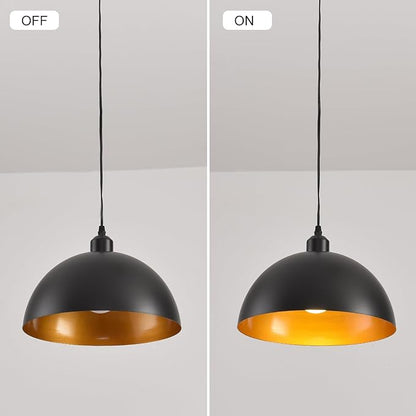 Plug in Pendant Light 2 Pack Industrial Hanging Lamp with Golden Finish Inside Black Vintage Pendant Lighting Fixtures with 15ft Cord On/Off Switch