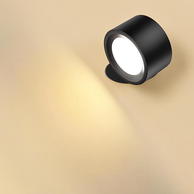 Wall Mounted Lamp LED Wall Lights with Rechargeable Battery Operated, 3 Color Temperatures & 3 Brightness Levels 360°Rotate Magnetic Ball, Cordless Sconces for Reading Bedroom Bedside,Black-1 Pack