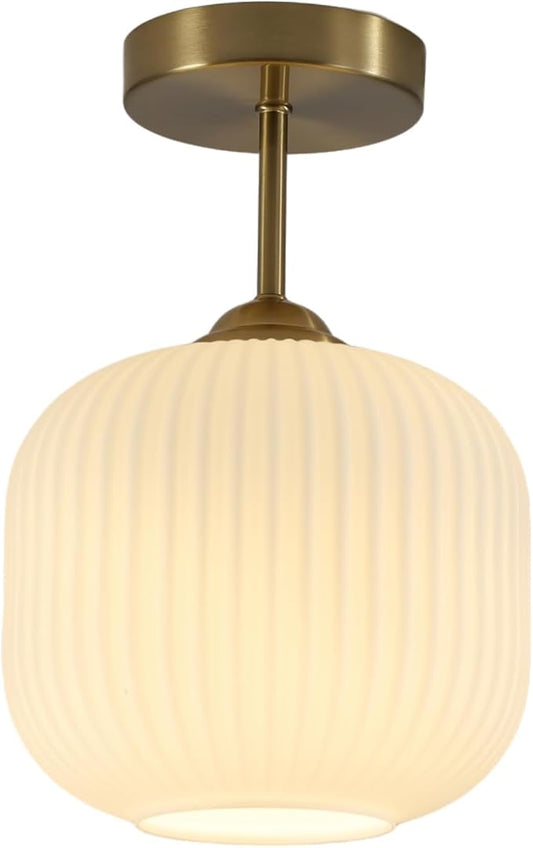 Gold Milk Glass Semi Flush Mount Light Vintage White Ribbed Flush Mount Ceiling Light Small Hallway Globe Ceiling Light Fixtures for Bedroom Entryway