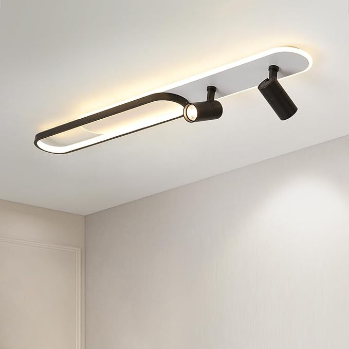 Modern LED Ceiling Light with 2 Spotlights 50W Black Linear Ceiling Light with Remote Control Dimmable (3000-6000k) 39.3Inch Room Ceiling Lamp for Living Room Bedroom Kitchen Laundry Hallway