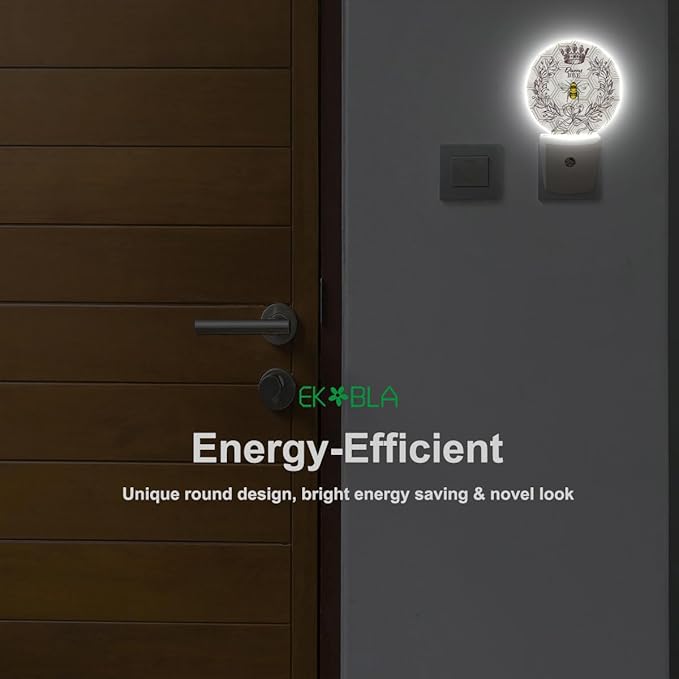 EKOBLA Queen Bee Plug-in Night Light, Bee Theme Round LED Nightlight with Auto Sensor, Dusk to Dawn Lighting for Bedroom, Hallway & Kitchen
