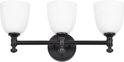 Black Bathroom Vanity Light, 3-Light Bathroom Light Fixtures Over Mirror, Traditional Vanity Lights for Living Room, Milk White Bell Glass Shades, Standard E26 Base, Matte Black