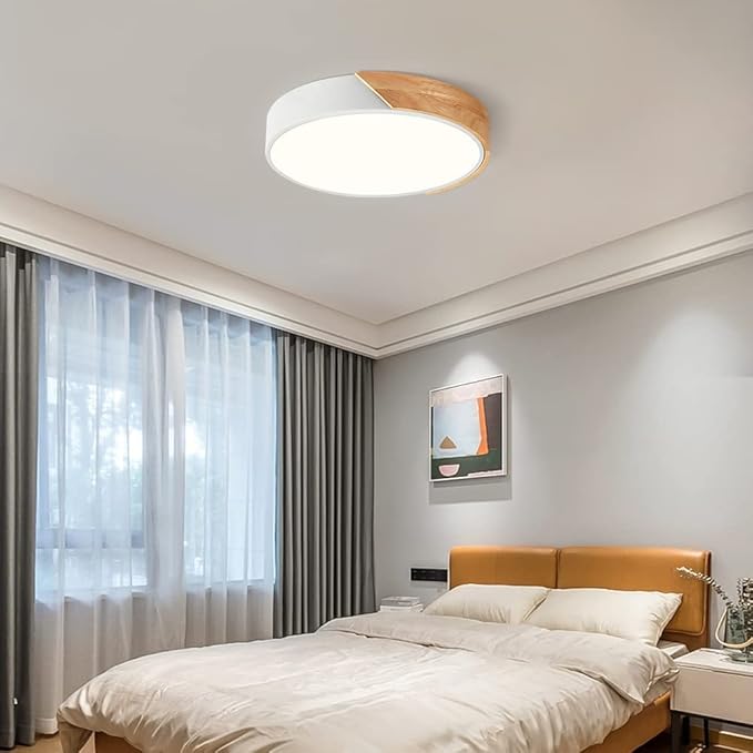 Modern Dimmable LED Ceiling Light, Minimalist Wood Style 5CCT 2700K-6000K Flush Mount Ceiling Light Fixture, Round Lighting Lamp for Bedroom, Laundry Room, Hallway, White, 11.8"