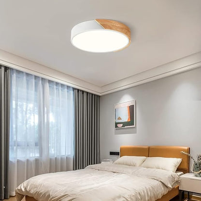 Modern Dimmable LED Ceiling Light, Minimalist Wood Style 5CCT 2700K-6000K Flush Mount Ceiling Light Fixture, Round Lighting Lamp for Bedroom, Laundry Room, Hallway, White, 11.8"