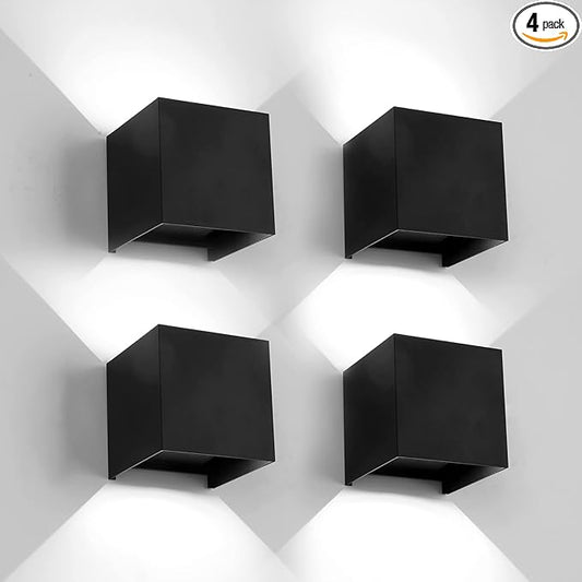 Mille Lucciole 12W 4Pack Outdoor Wall Lights Exterior/Interior,LED Black Outdoor Wall Sconces Light Fixtures Modern,IP65 Waterproof Square Aluminum Wall Lamps, Up and Down Lights 6500K Cold Lights