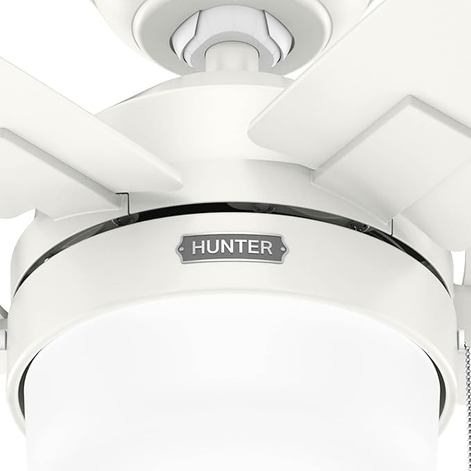 Hunter 44 inch Indoor Ceiling Fan with LED Light - White Ceiling Fan with Pull Chain, for Bedroom or Living Room, Standard Mount, No Remote, 5 Blades, Includes Bulbs - Anisten 52488, Fresh White