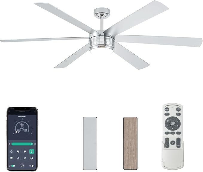 SHOWDI Ceiling Fan with Lights and Remote, 6 Blade App Control Timer Reversible Stepless Brightness and Color Temperature Outdoor Wood Ceiling Fan with Lights (Chrome, 72 Inch)