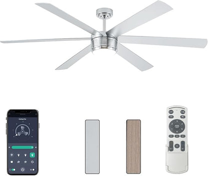 SHOWDI Ceiling Fan with Lights and Remote, 6 Blade App Control Timer Reversible Stepless Brightness and Color Temperature Outdoor Wood Ceiling Fan with Lights (Chrome, 72 Inch)