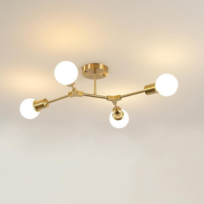 Modern Semi Flush Mount Ceiling Light,Mid Century 4 Light Lighting Fixture for Dining Room Bedroom Kitchen Foyer Entryway Hallway Closet,Metal Gold Sputnik Chandelier
