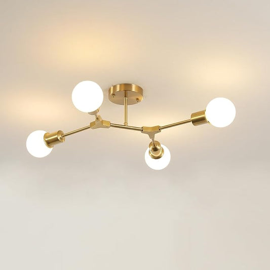 Modern Semi Flush Mount Ceiling Light,Mid Century 4 Light Lighting Fixture for Dining Room Bedroom Kitchen Foyer Entryway Hallway Closet,Metal Gold Sputnik Chandelier