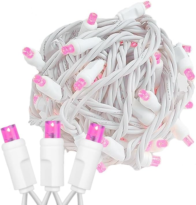 Novelty Lights 11ft Christmas String Lights, 50 Pink LED Bulbs on White Wire, 2.5" Spacing, Connectable Indoor Outdoor Commercial Grade Lighting for Holidays Patio Weddings