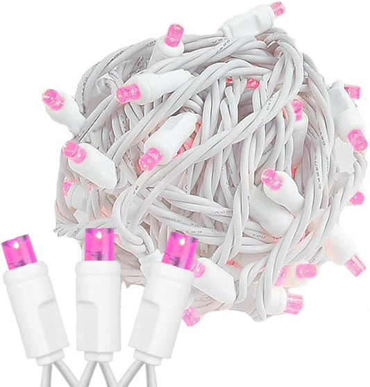 Novelty Lights 11ft Christmas String Lights, 50 Pink LED Bulbs on White Wire, 2.5" Spacing, Connectable Indoor Outdoor Commercial Grade Lighting for Holidays Patio Weddings