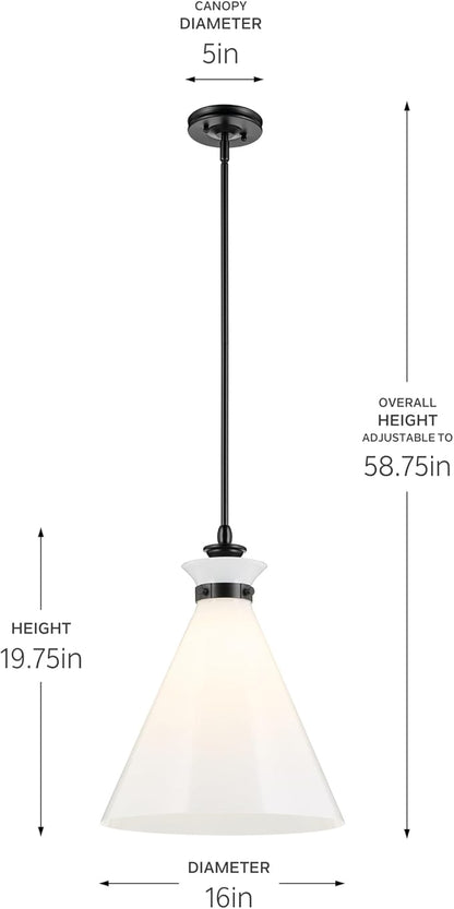 Kichler Laria 1-Light Pendant Light Fixture with Opal Glass, Kitchen Island Hanging Light in Black, Updated Traditional Style for Kitchen Island (19.75" x 16"), 52775BK