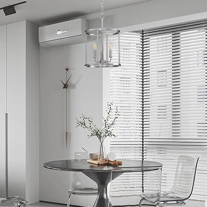 3-Light Hanging Lantern Pendant Light Fixture Brushed Nickel Finish Geometric Chandelier Adjustable Chain Metal Cage Pendant Lighting for Kitchen Island Dining Room Foyer