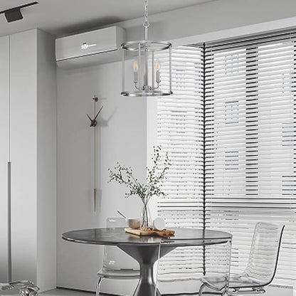 3-Light Hanging Lantern Pendant Light Fixture Brushed Nickel Finish Geometric Chandelier Adjustable Chain Metal Cage Pendant Lighting for Kitchen Island Dining Room Foyer