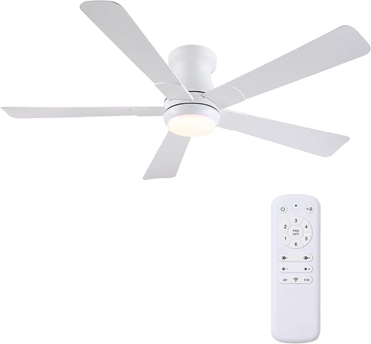 Hounberi 52" Flush Mount Ceiling Fan with Lights and Remote, Modern Black Low Profile Ceiling Fan, Quiet Reversible DC Motor, 3CCT Dimmable LED, Ideal for Bedroom, Kitchen and Low Ceilings, White