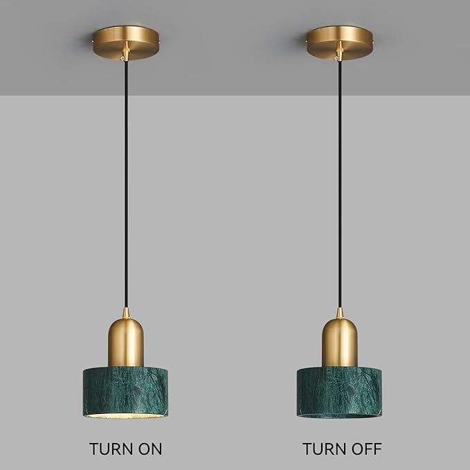 Natural Stone Pendant Lights Kitchen Island, Dark Green Brass Pendant Light Fixtures, Pendant lamp Marble Cylinder Shade Copper, for Bedroom Bathroom Dining Room Living Room(1-Pack)