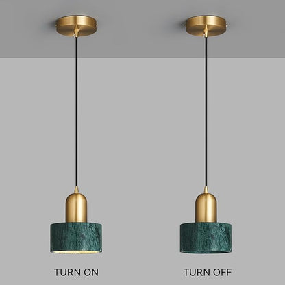 Natural Stone Pendant Lights Kitchen Island, Dark Green Brass Pendant Light Fixtures, Pendant lamp Marble Cylinder Shade Copper, for Bedroom Bathroom Dining Room Living Room(1-Pack)