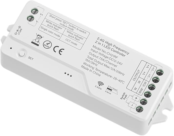 BTF-LIGHTING CH21RF 2.4GHz RF LED Controller 20kHz High Frequency PWM Silent No Humming Flicker-Free Dimmer for Single Color & CCT LED Strips with Tuya Gateway(GW01W) Smart Life App (No Remote)