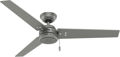 Hunter 52 inch Outdoor or Indoor Ceiling Fan No Light - Silver Ceiling Fan without Light, For Patio, Porch, Garage, or Living Room, Standard Mount, 3 Blades, Pull Chain - Cassius 59262, Matte Silver