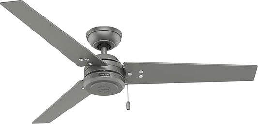 Hunter 52 inch Outdoor or Indoor Ceiling Fan No Light - Silver Ceiling Fan without Light, For Patio, Porch, Garage, or Living Room, Standard Mount, 3 Blades, Pull Chain - Cassius 59262, Matte Silver
