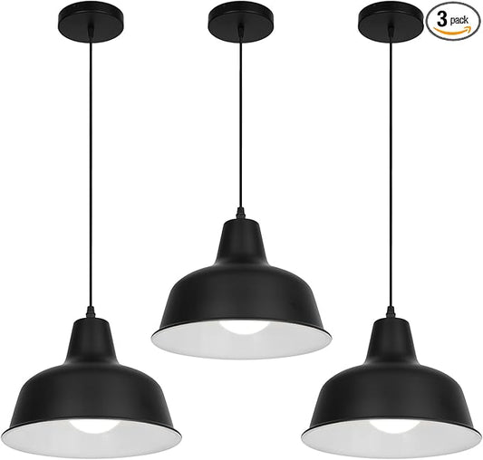 Black Industrial Pendant Lights Vintage Farmhouse Metal Hanging Ceiling Light Fixtures for Barn Kitchen Island Dinning Room Entryway Foyer (3 Pack)
